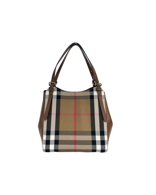 Burberry Black Small Canterby Tan Leather Check Canvas Tote Bag Purse