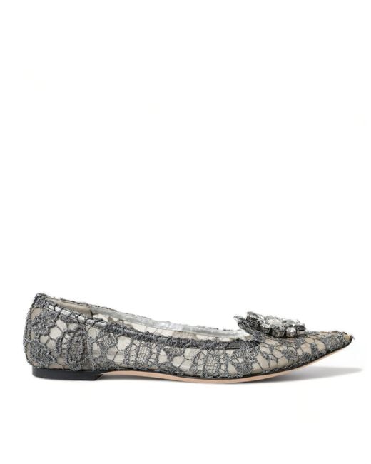 Dolce & Gabbana Gray Silver Vally Taormina Lace Crystals Flat Shoes