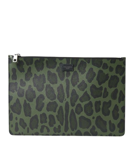 Dolce & Gabbana Green Elegant Leopard Print Calf Leather Clutch