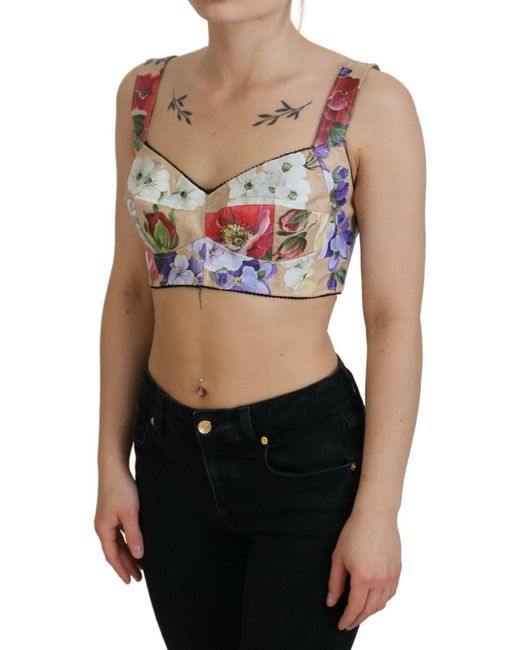 Dolce & Gabbana Multicolor Floral Cropped Bustier Corset Top in Black