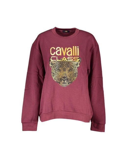 Class Roberto Cavalli Purple Fleece Crew Neck Sweatshirt With Logo Print