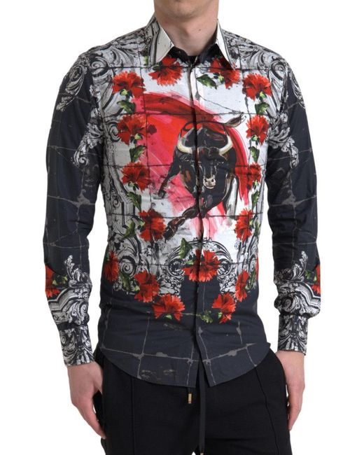 Dolce & Gabbana Multicolor Floral Bull Print Collared Shirt for men