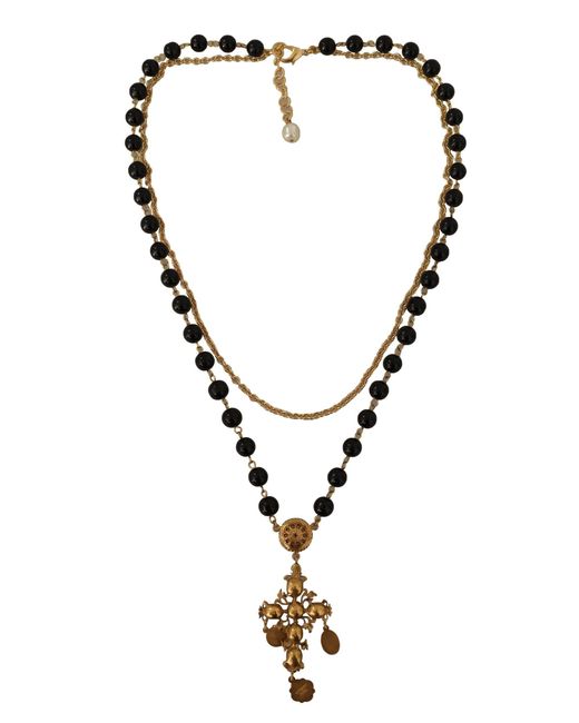 Dolce & Gabbana Gold Tone Brass Cross Chain Black Crystal Beaded Necklace |  Lyst UK