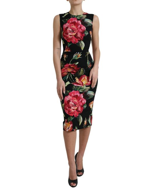 Dolce & Gabbana Red Black Floral Print Silk Sheath Midi Dress