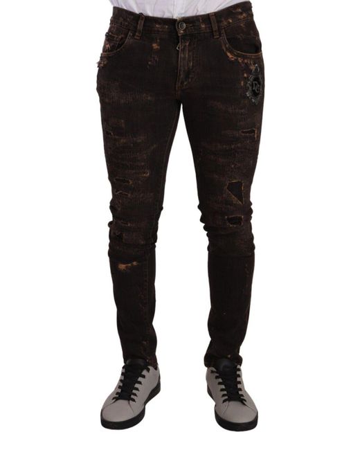 Dolce & Gabbana Black Brown Distressed Slim Fit Skinny Denim Jeans for men
