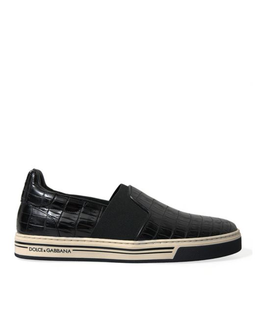 Dolce & Gabbana Black Rome Slip-on Sneakers In Crocodile Leather for men
