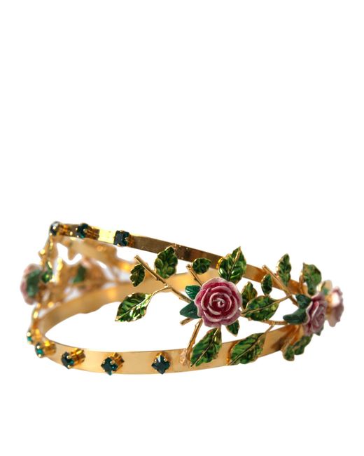 Dolce & Gabbana Metallic Gold Brass Roses Crystal Embellished Headband Diadem