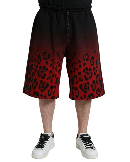 Dolce & Gabbana Red Leopard Print Cotton Bermuda Shorts for men
