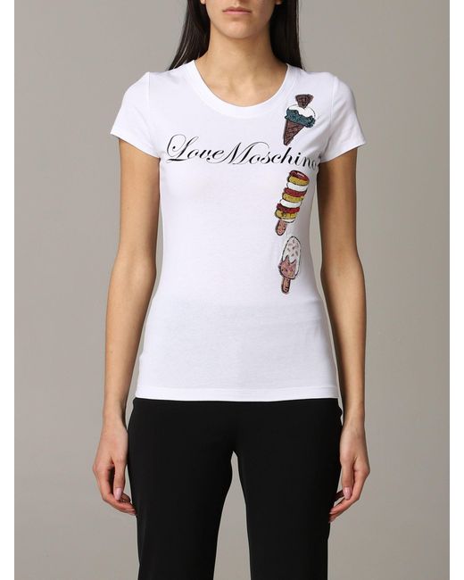 Tops, T-Shirts & Blouses Love MoschinoLove Moschino Women's Boxy Fit Short  Sleeved T-Shirt,Trimmed with Pearls on Along The Neckline Brand  nvisiontutorials.com