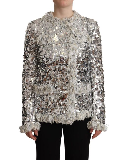 Dolce & Gabbana Sequined Shearling Long Sleeves Jacket in Grey | Lyst UK