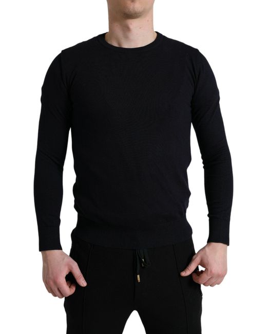 Dolce & Gabbana Black Blue Cotton Round Neck Pullover Sweater for men