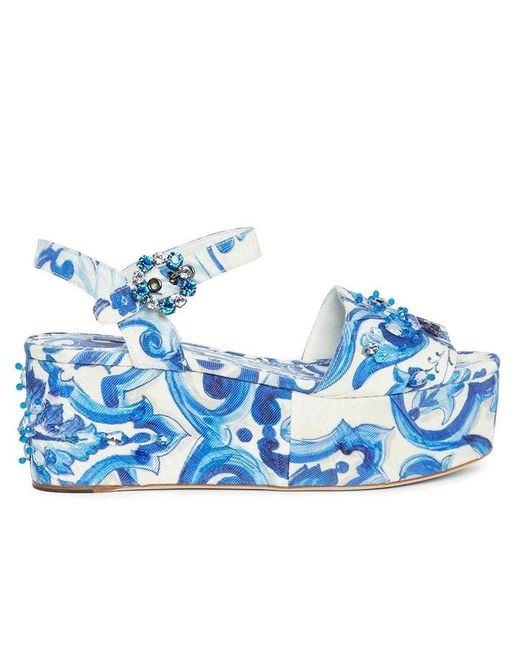 Dolce & Gabbana Blue Majolica Crystal-Embellished Wedge Sandals