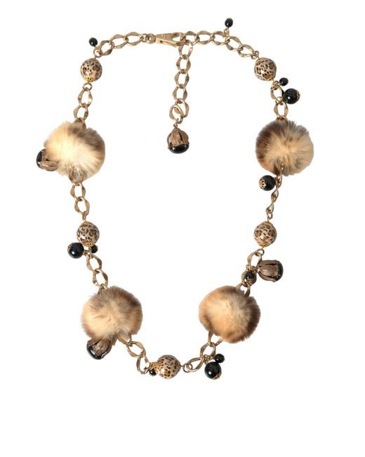 Dolce & Gabbana Metallic Brass Leopard Fur Pearl Collier Chain Belt