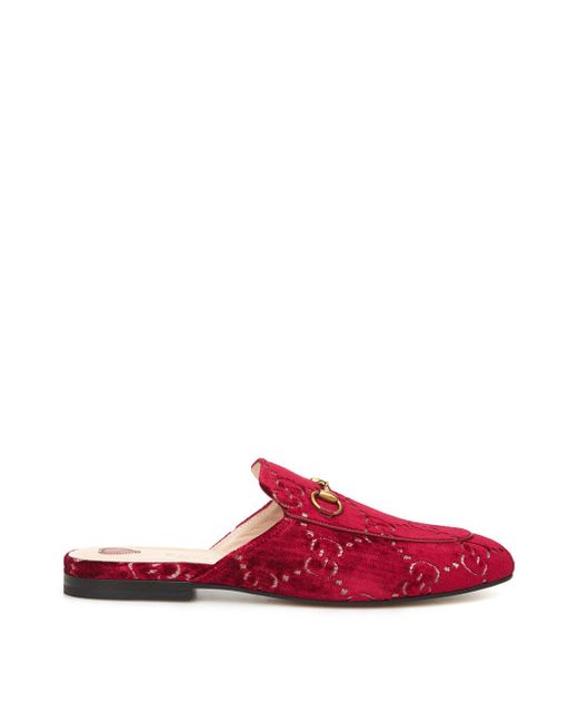 Gucci Red Velvet Princetown Slipper With Logo Allover