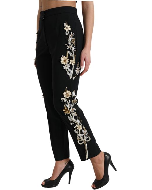 Dolce & Gabbana Black Floral Applique High Waist Tapered Pants