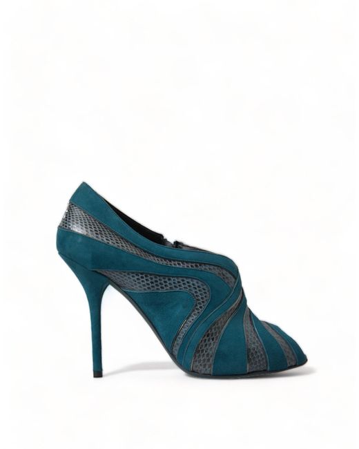 Dolce & Gabbana Blue Teal Suede Leather Peep Toe Heels Pumps Shoes