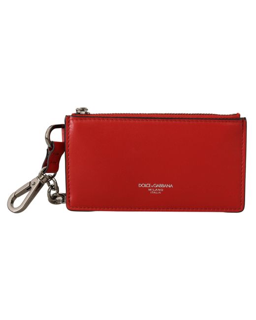 Dolce & Gabbana Red Leather Purse Silver Tone Keychain