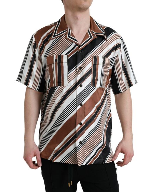 Dolce & Gabbana Black Silk Striped Short Sleeve Shirt for men