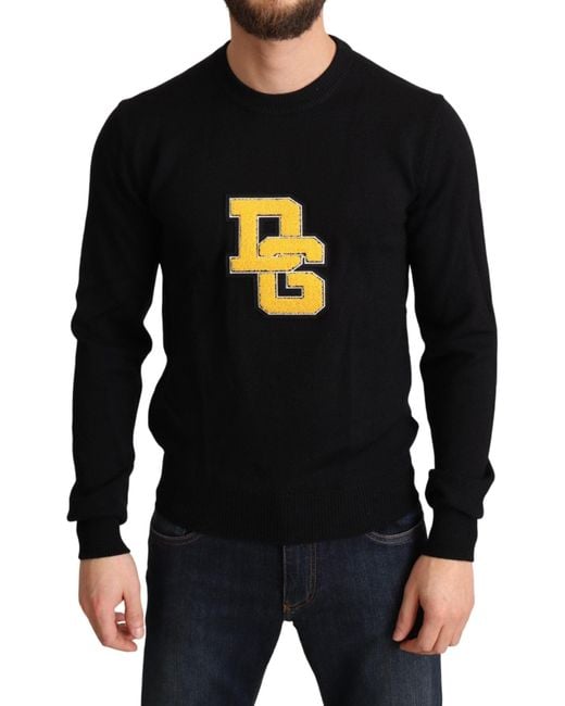 Dolce & Gabbana Black Yellow Dg Logo Knitted Wool Pullover Sweater for men
