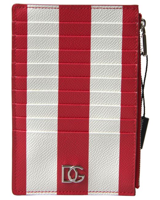 Dolce & Gabbana Red Striped Leather Logo Card Holder Wallet