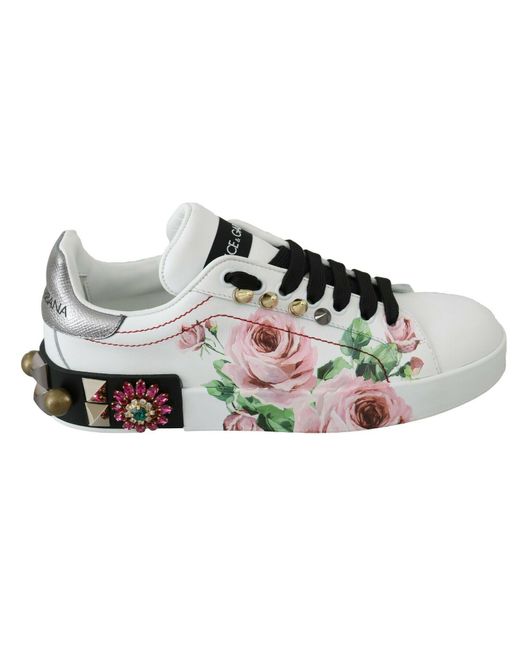 Dolce & Gabbana Leather Crystal Roses Floral Sneakers Shoes in Black | Lyst