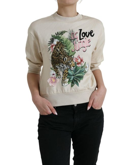 Dolce & Gabbana Multicolor Beige Jungle Printed Cotton Pullover Sweater