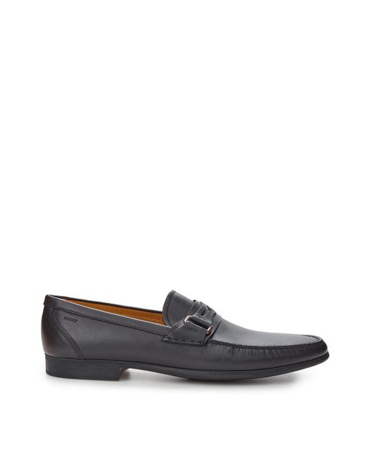 Bally Gray Black Leather Loafer With Metal Buckle for men