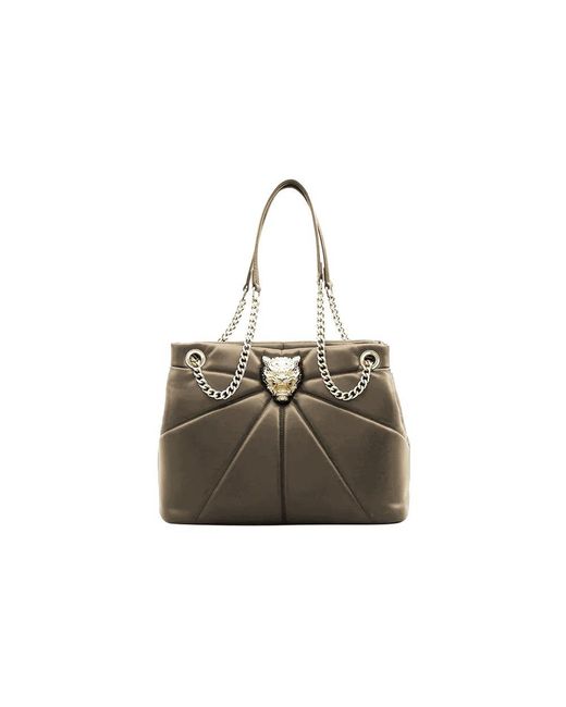 Philipp Plein Gray Tiger Bezel Faux Leather Tote With Gold Chain
