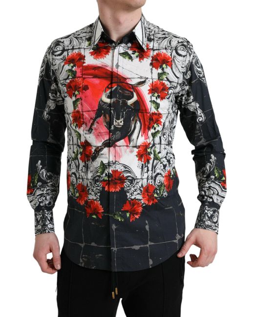 Dolce & Gabbana Red Slim Fit Floral Bull Cotton Dress Shirt for men