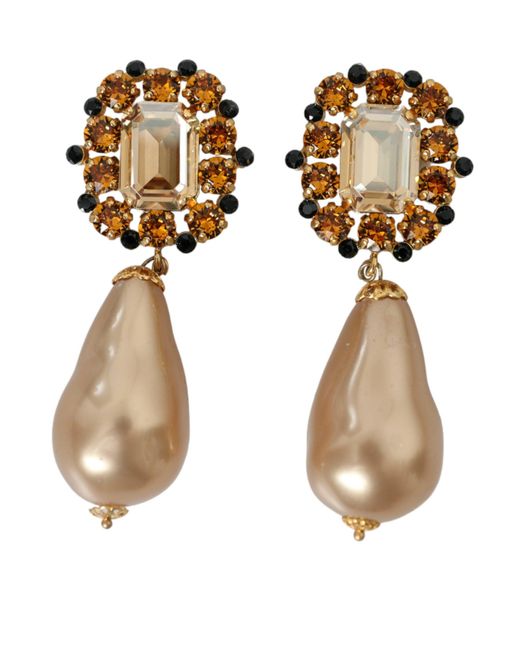 Dolce & Gabbana Metallic Brass Crystal Faux Pearl Clip On Dangling Earrings