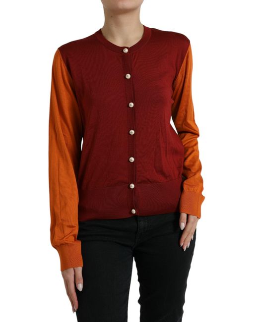 Dolce & Gabbana Red Cardigan Color Block Silk Crewneck Sweater