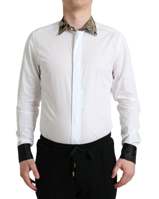 Dolce & Gabbana White Cotton Jacquard Formal Gold Dress Shirt for men