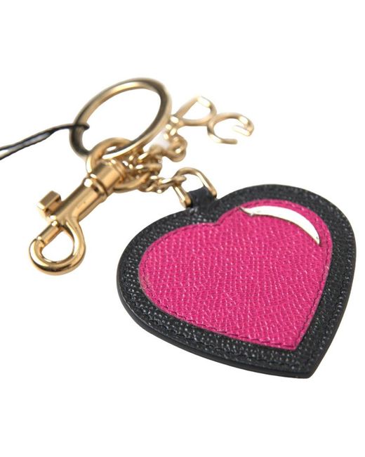 Dolce & Gabbana Pink Black Fuchsia Heart Leather Gold Metal Keyring Keychain