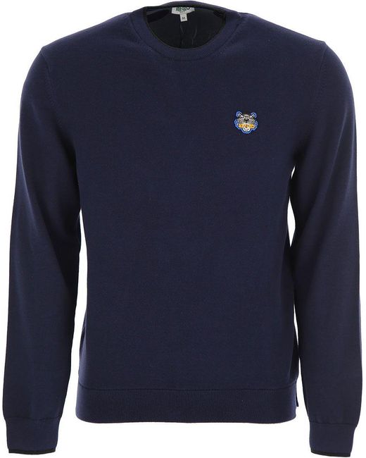 KENZO Blue Cotton Crewneck Sweater With Tiger Logo for men