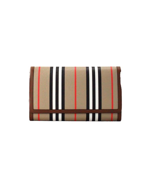 Burberry Brown Hannah Icon Stripe Archive Tan E-Canvas Leather Wallet Crossbody Bag
