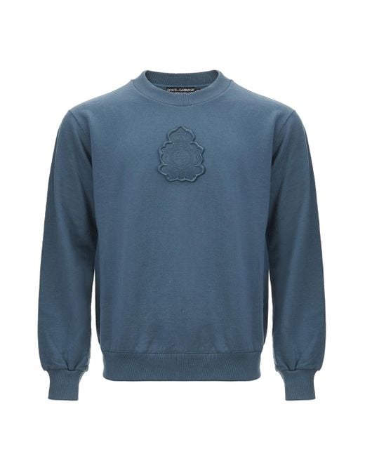 Dolce & Gabbana Blue Cotton Round Neck Sweatshirt With Front Attached Logo for men