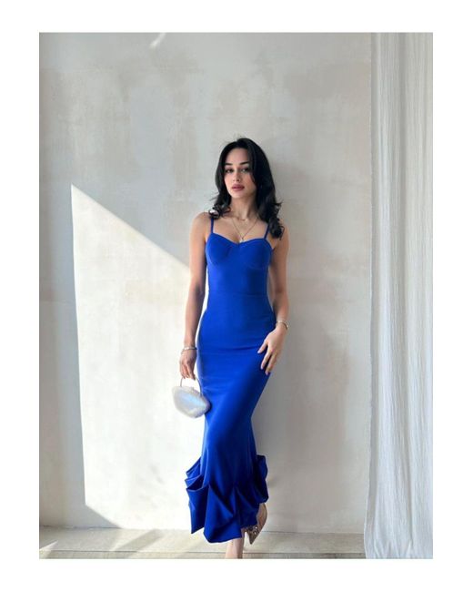 Afiş Butik Blue Asymmetrisch Geschnittenes Midikleid – Gebogener Saum Für Damen