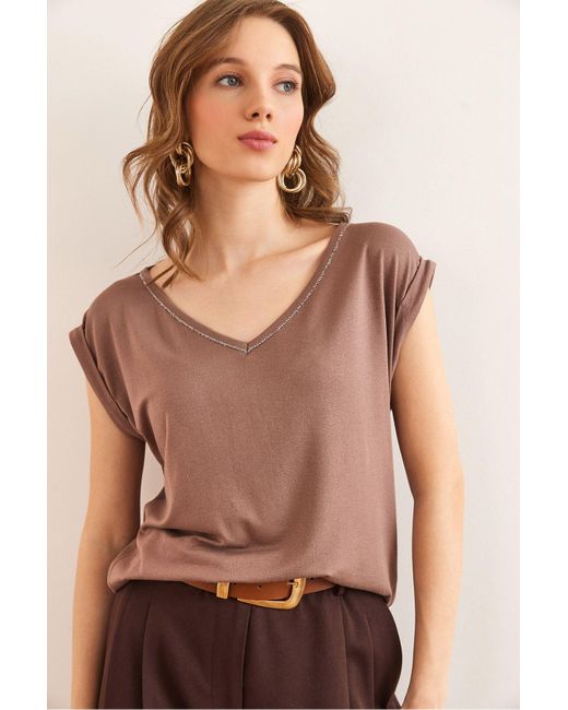 Olalook Natural Bluse Aus Gestrickter Viskose Mit V-Ausschnitt Und Nerz-Silbernähten Blz- 19002659 Für Damen