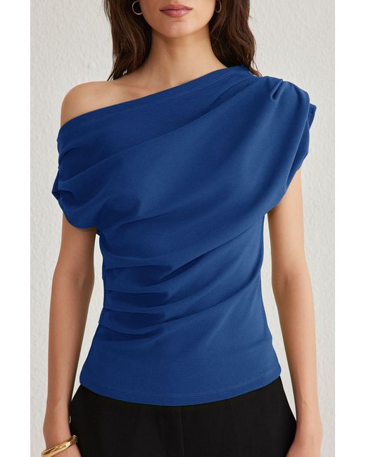 Trendyol Blue Saks Geraffte/Drapierte, Detaillierte, Drapierte Strickbluse Mit Asymmetrischem Ausschnitt Für Damen
