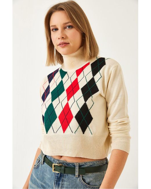 Bianco Lucci Natural Crop-Strickpullover Mit Rollkragenmuster Für Damen
