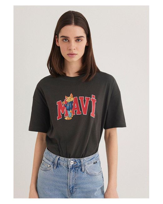 Mavi Black Anthrazitfarbenes T-Shirt Mit Katzen-Logo-Aufdruck, Lockere Passform Lockere, Entspannte Passform -70087 Für Damen