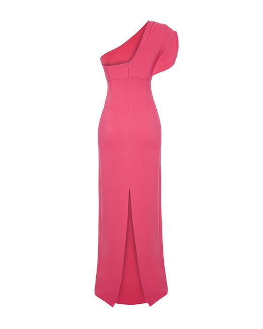 Trendyol Pink Fuchsiafarbenes langes abendkleid mit asymmetrischem kragen