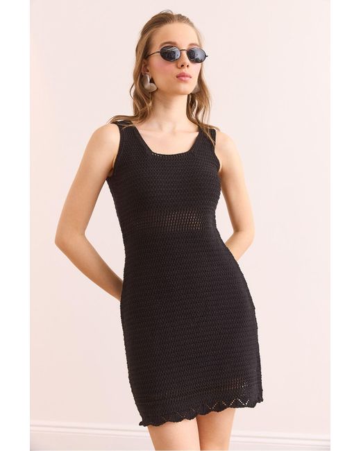 Olalook Black Schwarzes, Enges, Geflochtenes Mini-Baumwollkleid Mit Taillendetail Elb- 19002361 Für Damen