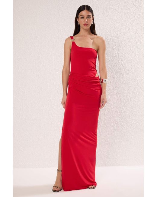 Trendyol Red Rotes, Figurbetontes, Detailliertes, Gestricktes, Langes, Stilvolles Abendkleid, Nachtkleid, Für Damen