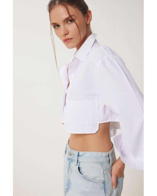 Happiness İstanbul Gray Weißes, Gewebtes Crop-Shirt Mit Taschen Für Damen