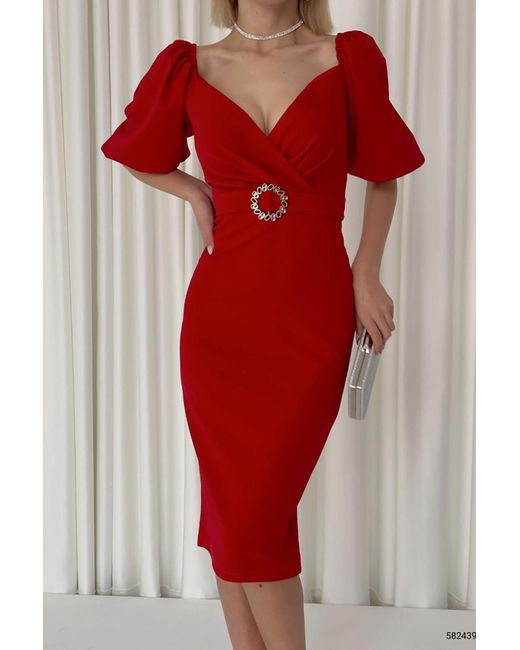 Deafox Red Rotes, Kurzärmliges Kleid Aus Kreppstoff Mit Gürtel Für Damen