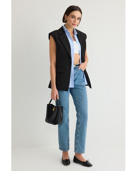 Trendyol Blue Schwarze Gewebte Weste Im Hemd-Look Für Damen