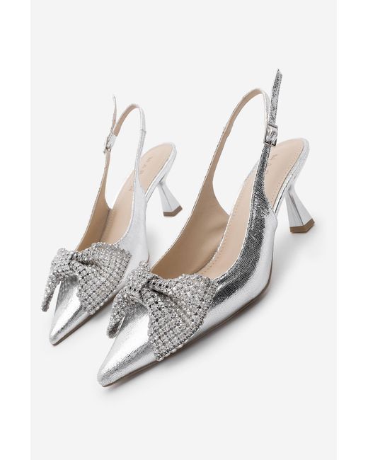 Marjin White Silberfarbene Stiletto-Schuhe Mit Steindetails Und Spitzer Zehenpartie Für Damen