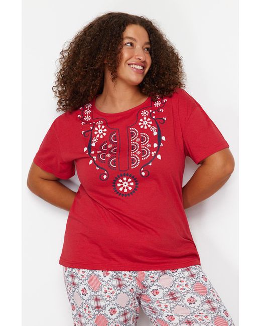 Trendyol Red Es gestricktes pyjama-set mit geometrischem muster