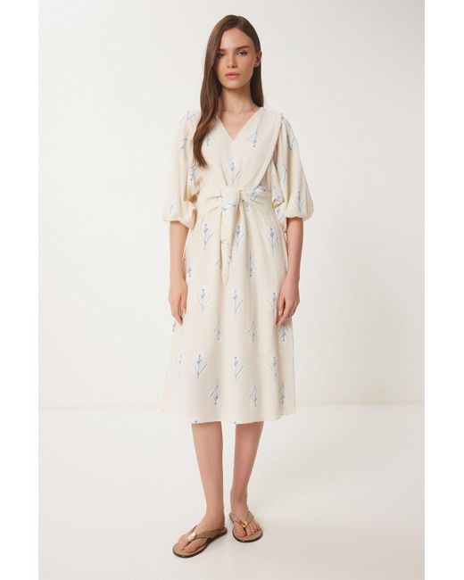 Happiness İstanbul Natural Mit Jacke Sommer Midi Gürtel Kleid Blumenmuster Creme Für Damen